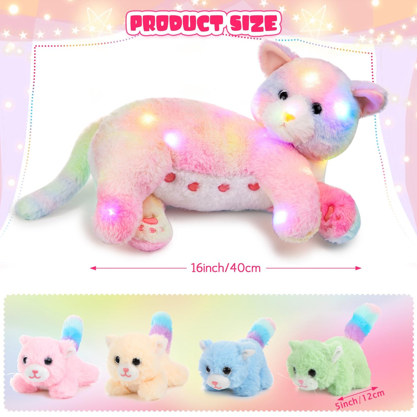 Skylety Nurturing Cat Stuffed Animal with 4 Plush Kittens, Cat Baby Stuffed for Girls Boys Plushy Mommy Kitty with Baby Kittens for Christmas Birthday Party Favors Gifts(LED Style)
