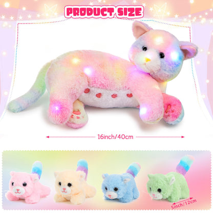 Skylety Nurturing Cat Stuffed Animal with 4 Plush Kittens, Cat Baby Stuffed for Girls Boys Plushy Mommy Kitty with Baby Kittens for Christmas Birthday Party Favors Gifts(LED Style)