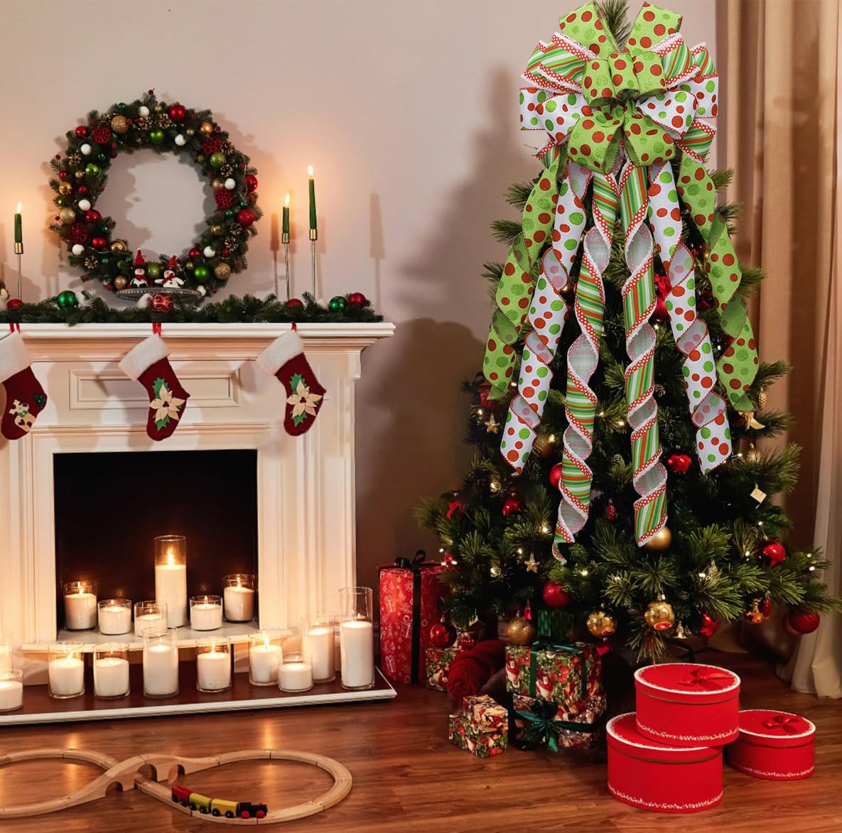Fvviia Christmas Tree Topper Wreath Large Green Christmas Bow Tree Topper, Red Green Dot Polyester Gift Bow for Xmas Ornament Holiday Handmade Home Wedding Indoor/Outdoor Decoration-13 x 45 Inch
