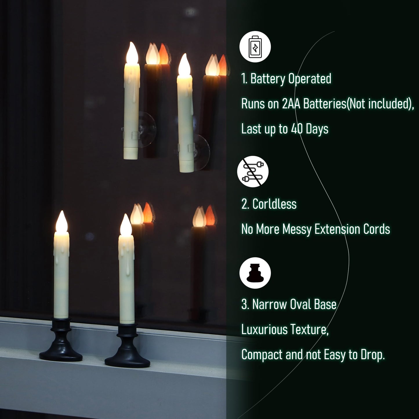 yunsheng 8.6Inches LED Window Candles Dusk to Dawn Light Sensor Timer, 6PCS Battery Operated Flameless Taper Candles with Drip Texture, Suction Cups and Removable Black Base, Christmas Home Decor