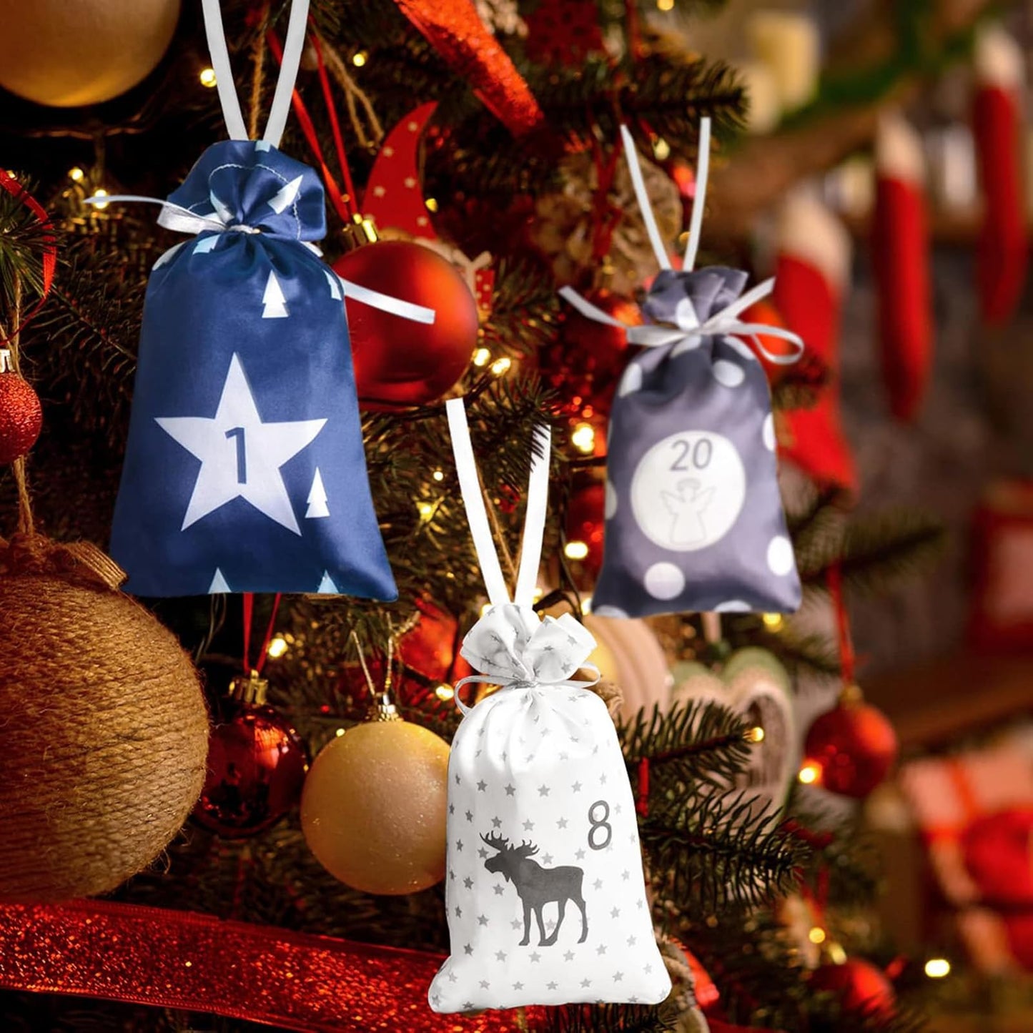 24 Pcs Christmas Drawstring Gift Wrap Bags Reusable Advent Calendar Bags Cute Xmas Candy Toys Goody Treat Bag Pocket for Holiday Weedings Birthdays Party Favor Home Storage Gift Bag