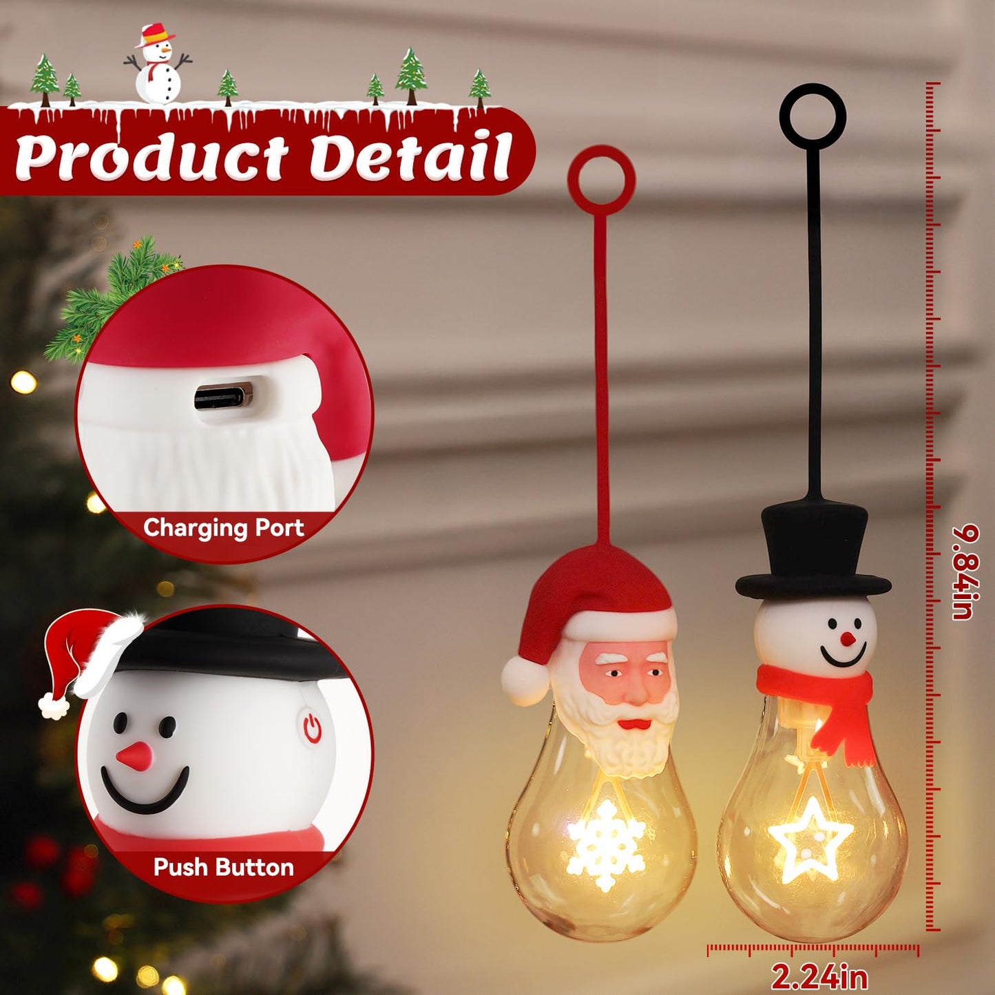 Brightever 2-Pack Hanging Christmas NightLights, USB Rechargeable Indoor Christmas Decorations A19 LED Light Bulb with Snowflake and Star LED Filaments, Great Gift Ideal for Kids, Friends, Family