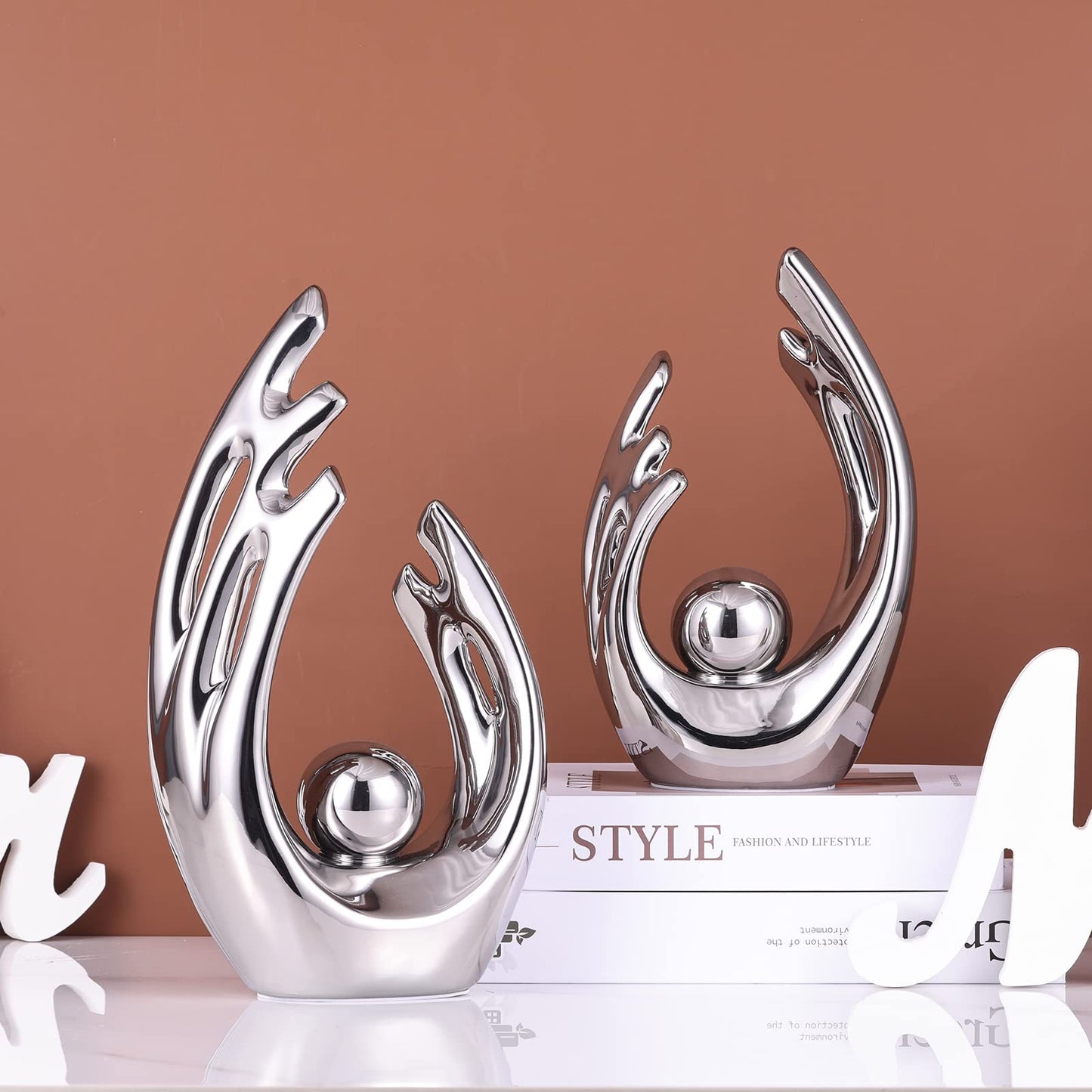 LCCCK 9.5" H Silver Aesthetic Room Decor Accent, TV Stand Funky Table Centerpiece, Abstract Art Ceramic Statue and Sculpture, Silver Decor for Living Room, Bookshelf Decorative Objects, Shelf
