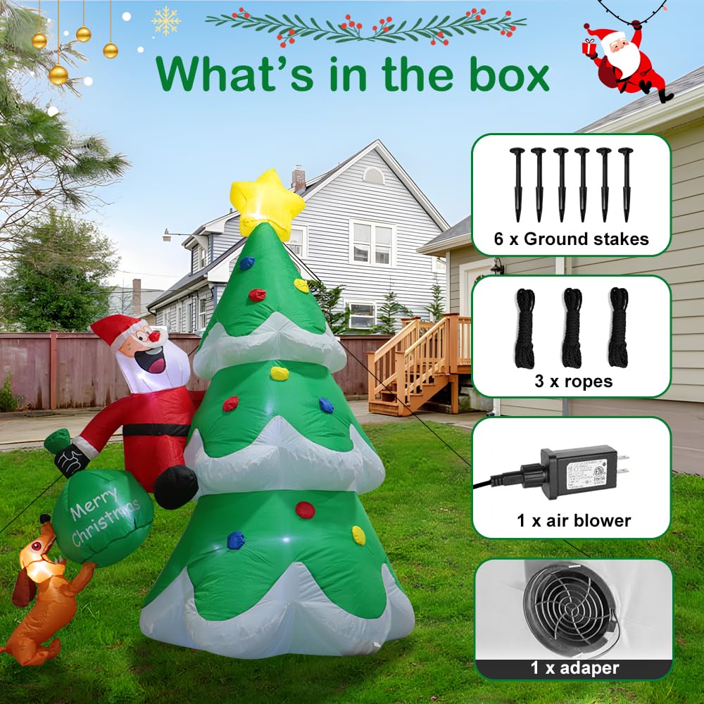 Christmas Inflatable Outdoor Decorations, 6.6FT Christmas Tree,Santa Chased by Dog Inflatable Christmas Blow up Yard Decorations with LED Light Up for Xmas New Year, Winter, Yard Garden Lawn Décor