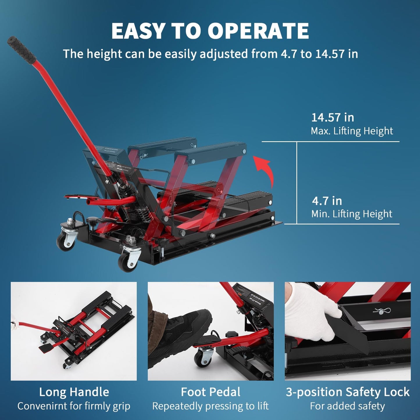 Hydraulic Motorcycle Lift Jack, 1500LB Capacity Scissor Jack for Dirt Bikes & ATVs, 4.7-14.57 Inch Lift Height, Non-Slip Platform & 360° Swivel Casters, Black Garage Lift