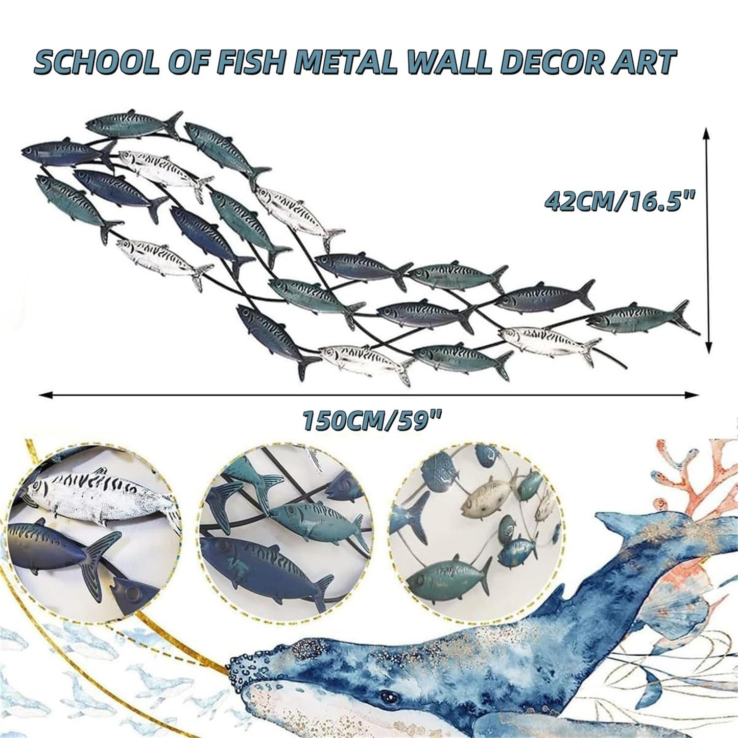 Coastal Metal Fish Wall Decor, Large Nautical Fish Wall Décor,School of 20 Fish Wall Art,3D Fish Wall Sculpture,Fish Metallic Art Decor,Perfect for Living Room,Bedroom,Beach Or Boat Decor,59" X 16.5"