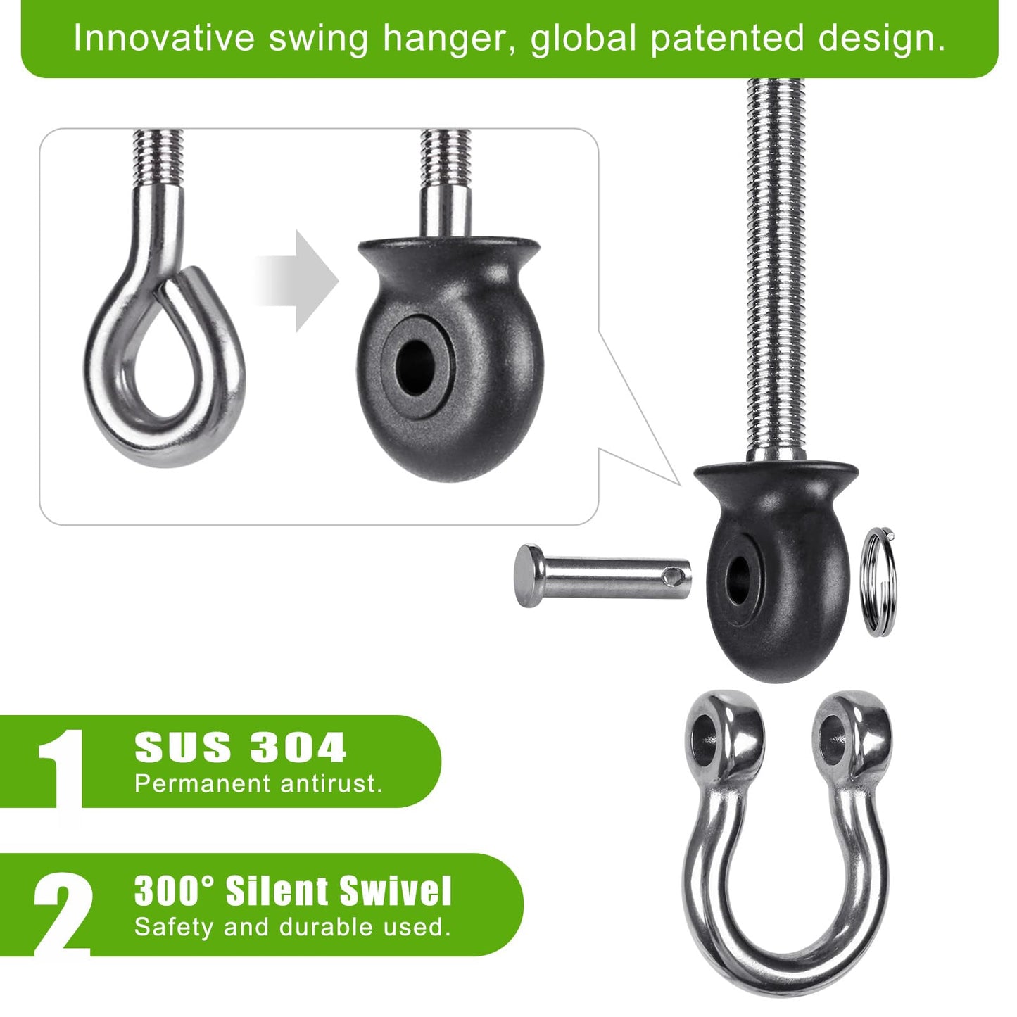 Dolibest Heavy Duty Swing Hangers, Stainless Steel 304 Swing Bolts, 180° Swing, Perfect for Playground, Porch, Yoga, Hammock Chair, Punching Bag - for Wood and Steel Beams, 7.67'' (4Pack)