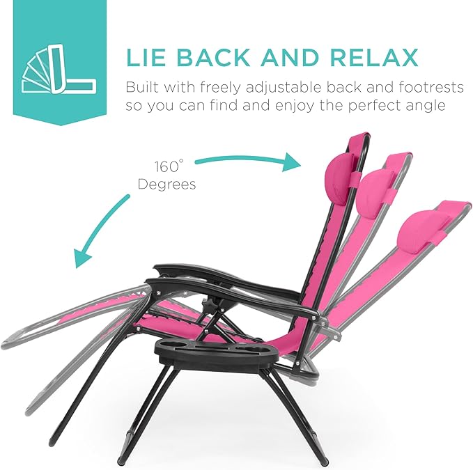 Best Choice Products Set of 2 Adjustable Steel Mesh Zero Gravity Lounge Chair Recliners w/Pillows and Cup Holder Trays - Hot Pink/Black