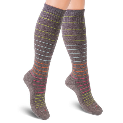 SocksLane Cotton Compression Socks 15-20 mmHg Class 1 Support Knee-High (Gray Stripes, Medium-Large)