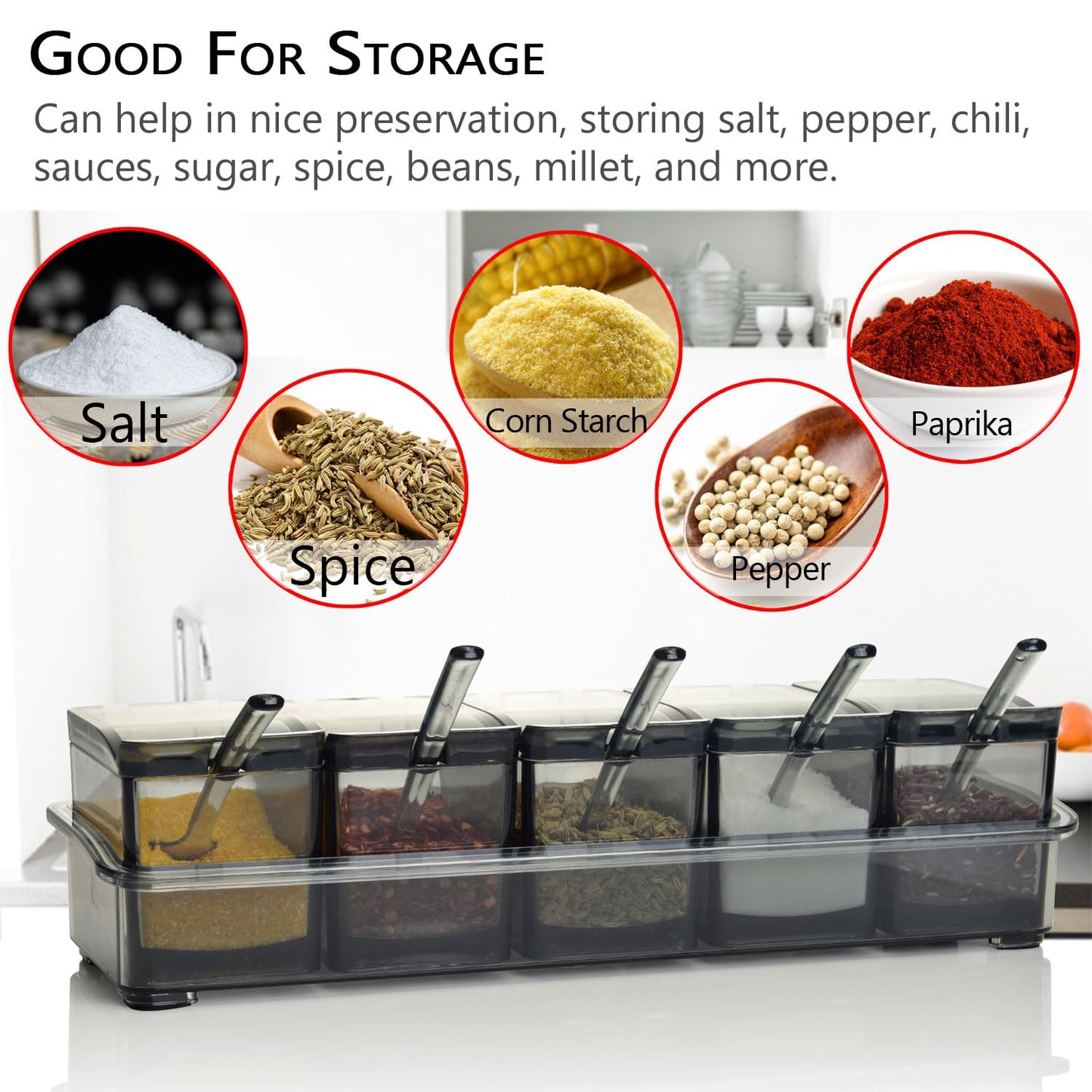 V·RESOURCING Clear Seasoning Box, 5 Pieces Clear Seasoning Storage Container for Spice Salt Sugar Cruet,Condiment Jars with Spoons