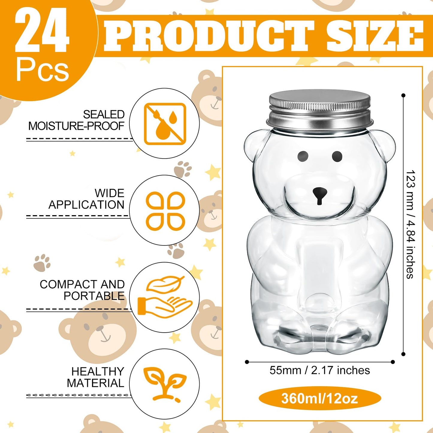 Mumufy 24 Pcs Bear Plastic Jar Empty Bear Shaped Bottle Large Capacity Candy Milk Tea Drinks Container for Making Candy Gifts DIY Decoration(12 oz)