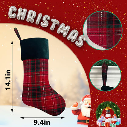 Ftuuo Red Buffalo Plaid Christmas Stockings, Green Faux Fur Xmas Fireplace Hanging Ornaments Sock Plush Cuffs Candy Stockings for Family Christmas Holiday Decorations