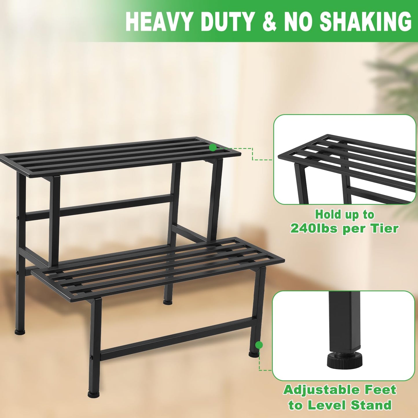 Dipion Metal Plant Stand Outdoor Plant Shelf Indoor,2 Tier Heavy Duty Ladder Plant Stands for Multiple Plants,26" L x 20.25" H x 17.75" W,Black