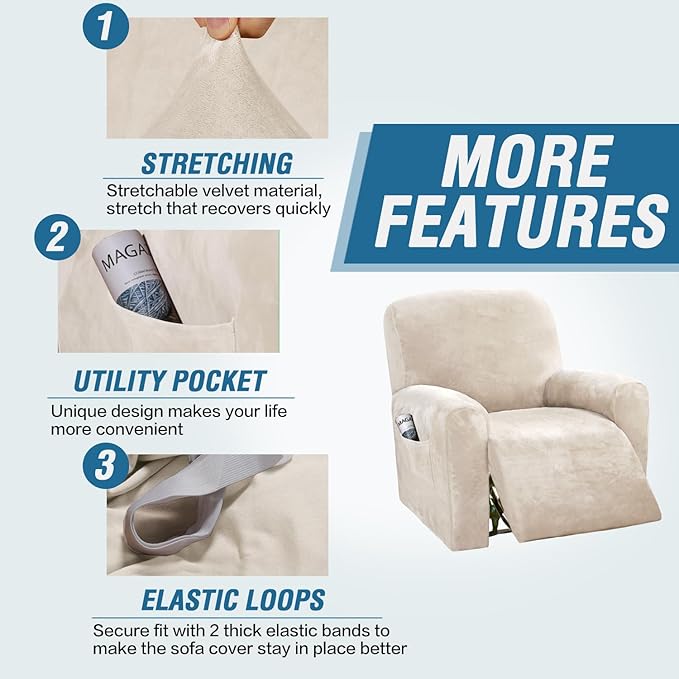 H.VERSAILTEX Velvet Stretch Recliner Couch Covers 4-Pieces Style Recliner Chair