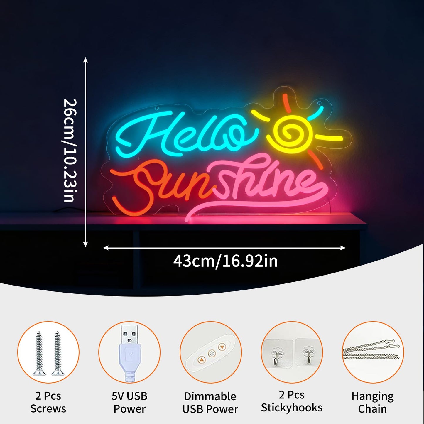 Hello Sunshine Neon Sign, LED Light Up Decorative Sign, USB Powered Dimmable Neon Light, Home Bedroom Living Room Kitchen Window Wall Decor, Cheerful Art Decor Gift for Kids Teens Adults Friends