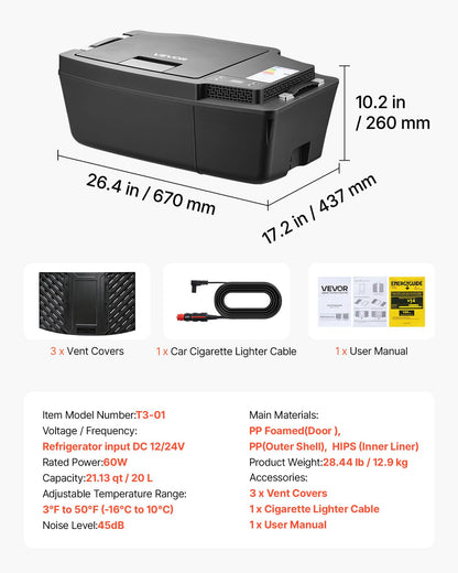 VEVOR 12 Volt Refrigerator, 21.1 QT/ 20L Car Fridge for Tesla Model 3, Portable Electric Freezer Compressor with APP Control, 12V/24V DC, 3℉ to 50℉