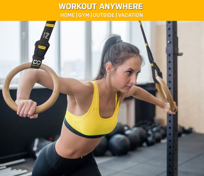 Double Circle Gymnastics Rings with Quick Adjust Numbered Straps and Exercise Videos Guide - Full Body Gym Rings - Calisthenics Rings Wooden Rings 1.25"