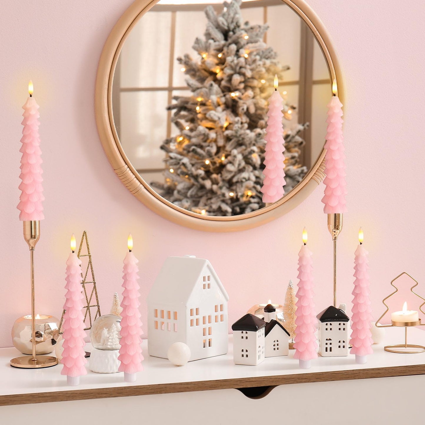 Tujoe 2 Pcs Pink Christmas Tree Flameless Taper Candles with Remote Xmas LED Candlesticks Battery Operated Electric Candlelights 3D Flickering Flame for Holiday Winter Party Table Centerpiece Decor