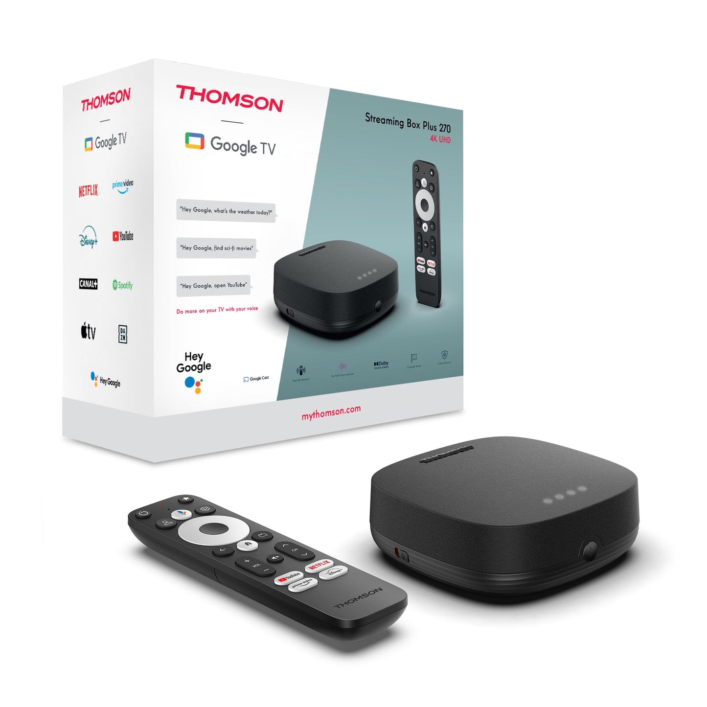 Thomson Streaming Box 270UK Plus, Built-in Speaker for Voice Control, Google TV, Netflix, Disney+, 4K UHD, Streaming via Wi-Fi, Google Cast, 32GB Storage
