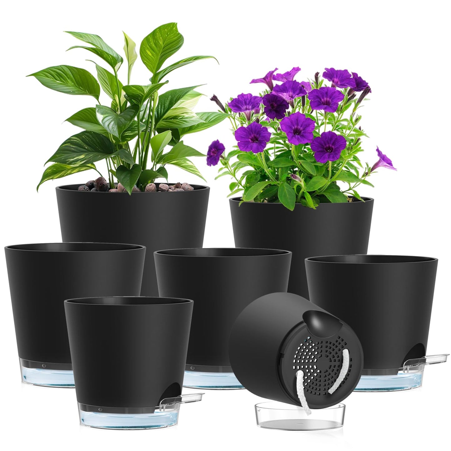 Meowell Self Watering Pots Set of 7 – Assorted Size 4" to 8" Indoor Plant Pots with Drainage Holes and Clear Reservoir for Visible Water Level, Plastic Wicking Planter for House Plants & Flower, Black