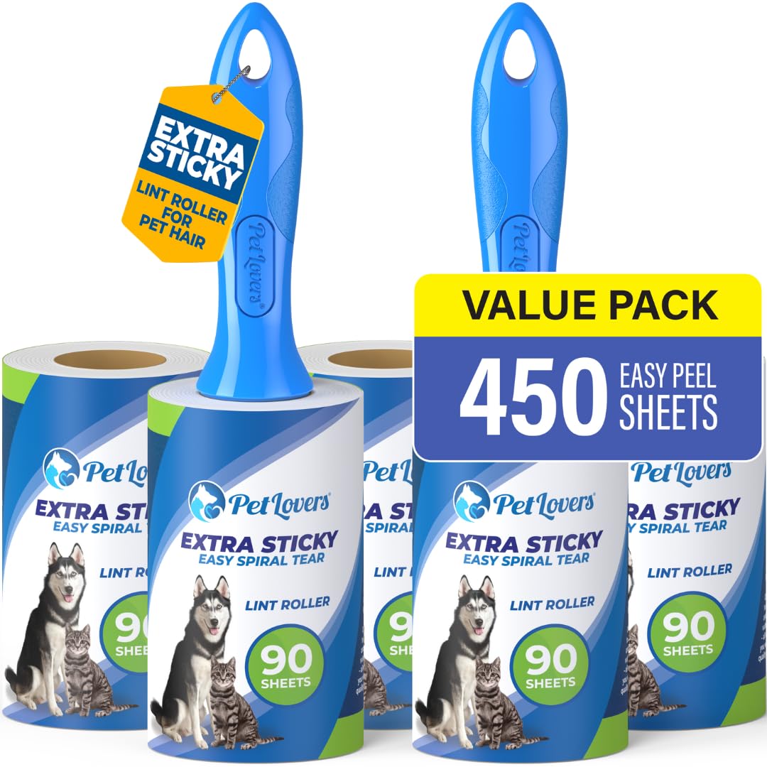 PetLovers Extra Sticky Lint Roller Mega Value Set 450 Sheets for Pet Hair Removal and Clothes, Dog and Cat Lint Remover 5 Pack