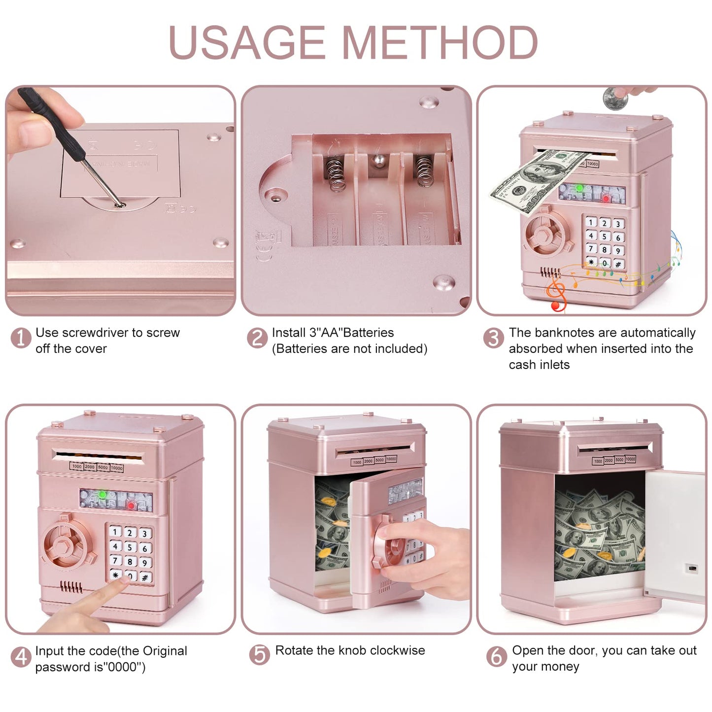 Thedttoy Electronic Piggy Bank Money Safe Password Money Box for Kids Ages 3+, ATM Bank Safe Coin Cash Banks Money Saving Box, Birthday for Boys Girls 3 4 5 6 7 years Old (Rose Gold)