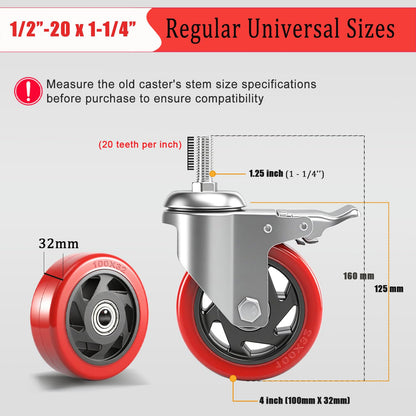 JULANG 4 inch Caster Wheels 1/2 Threaded Stem Casters Set of 4 Heavy Duty 2400lbs, 1/2"-20 x1.25(Stem Diameter 1/2", 20 Threads Per Inch, Length 1.25"), Industrial Castor Wheels for Cart,Furniture