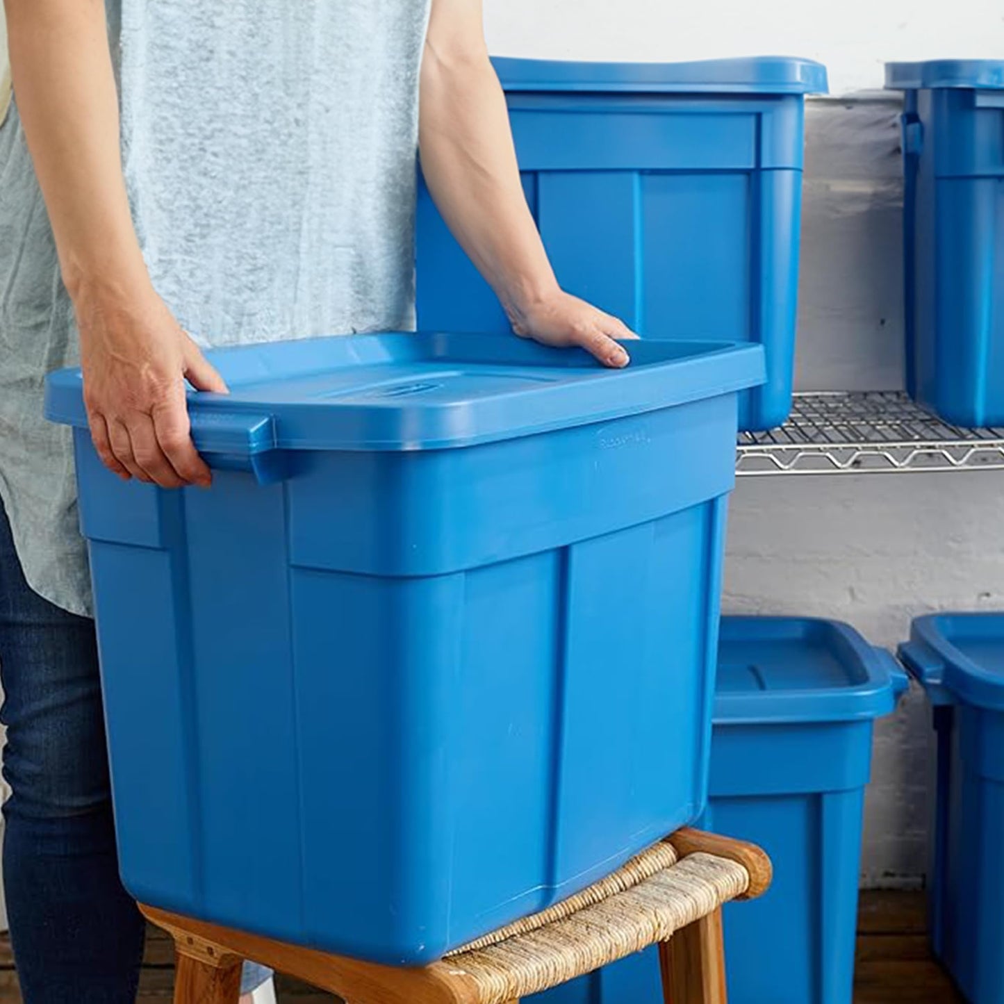 Rubbermaid Roughneck Tote 18 Gal, 6 Pack, Made in USA, Heritage Blue, Rugged Plastic Stackable Storage Bins with Lids and Handles