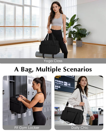 Small Gym Bag, Mini Gym Bag for Women with Yoga Mat Holder and Wet Compartment, Cute Mini Puffer Duffle Bag with Water Bottle Pocket for Workout Yoga Dance, Puffer Black