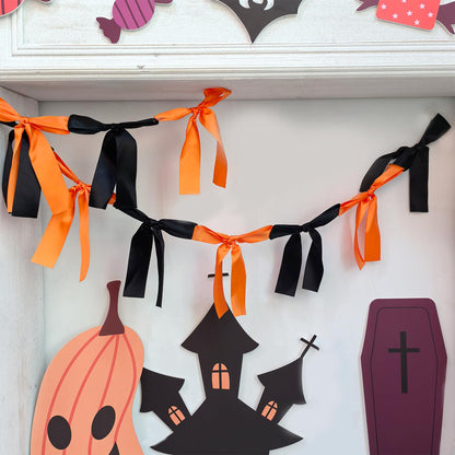 Halloween Stain Bow Garland | 6ft Linking Knot Bow Banner with 3ft Extend Ribbon for Halloween Party Vibes Wreath & Spooky Boo Decor (Orange & Black, 6ft)