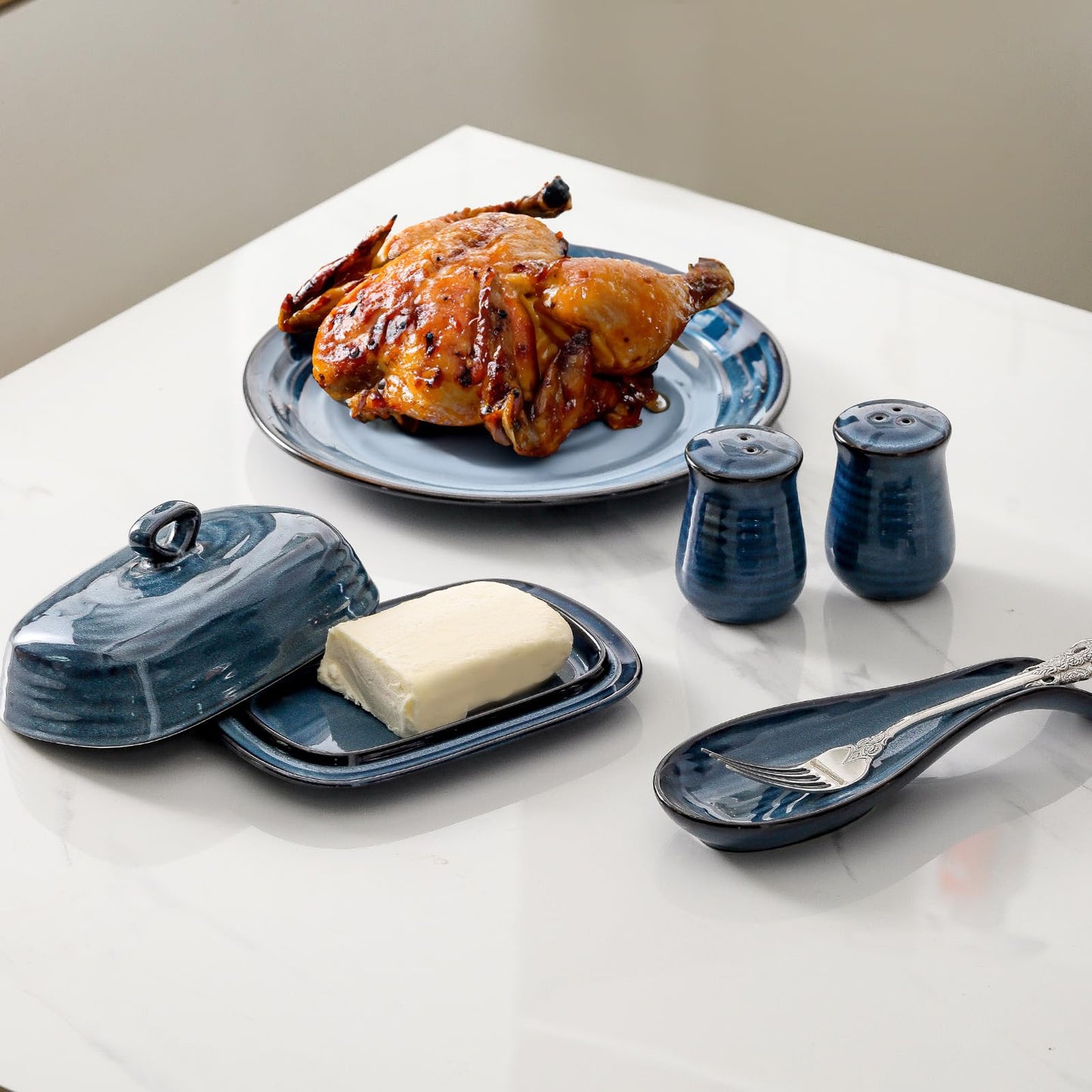 Hasense Ceramic Salt Pepper Shakers and Butter Dish Set, 2 Pieces Navy Reactive Glaze Dinnerware Accessories Set Perfect for Home Decor, Kitchen Housewarming Gift
