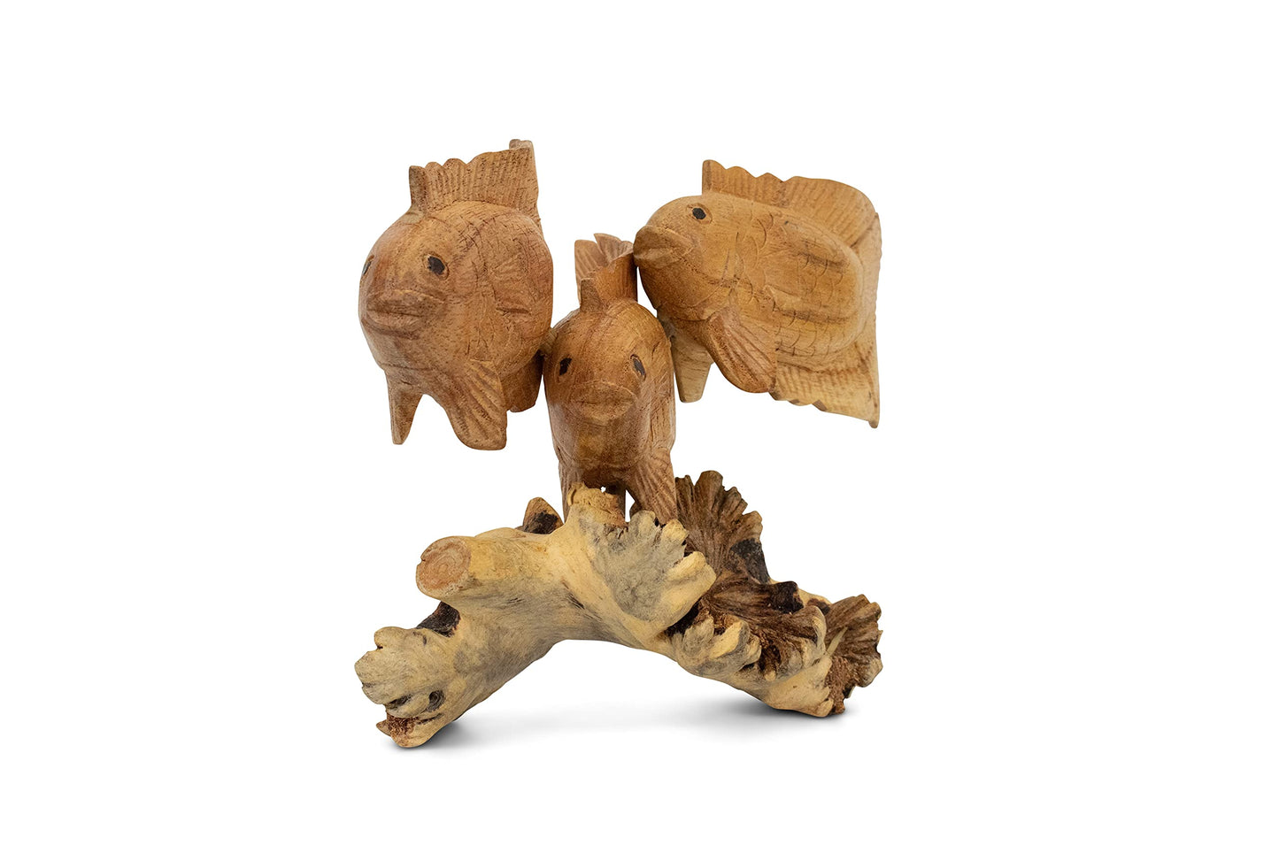 G6 Collection Wooden Hand Carved 3 Fish Swimming Statue Figurine Sculpture Art Decorative Rustic Home Decor Accent Handmade Gift Handcrafted Seaside Tropical Nautical Ocean Coastal Decoration 3 Fish