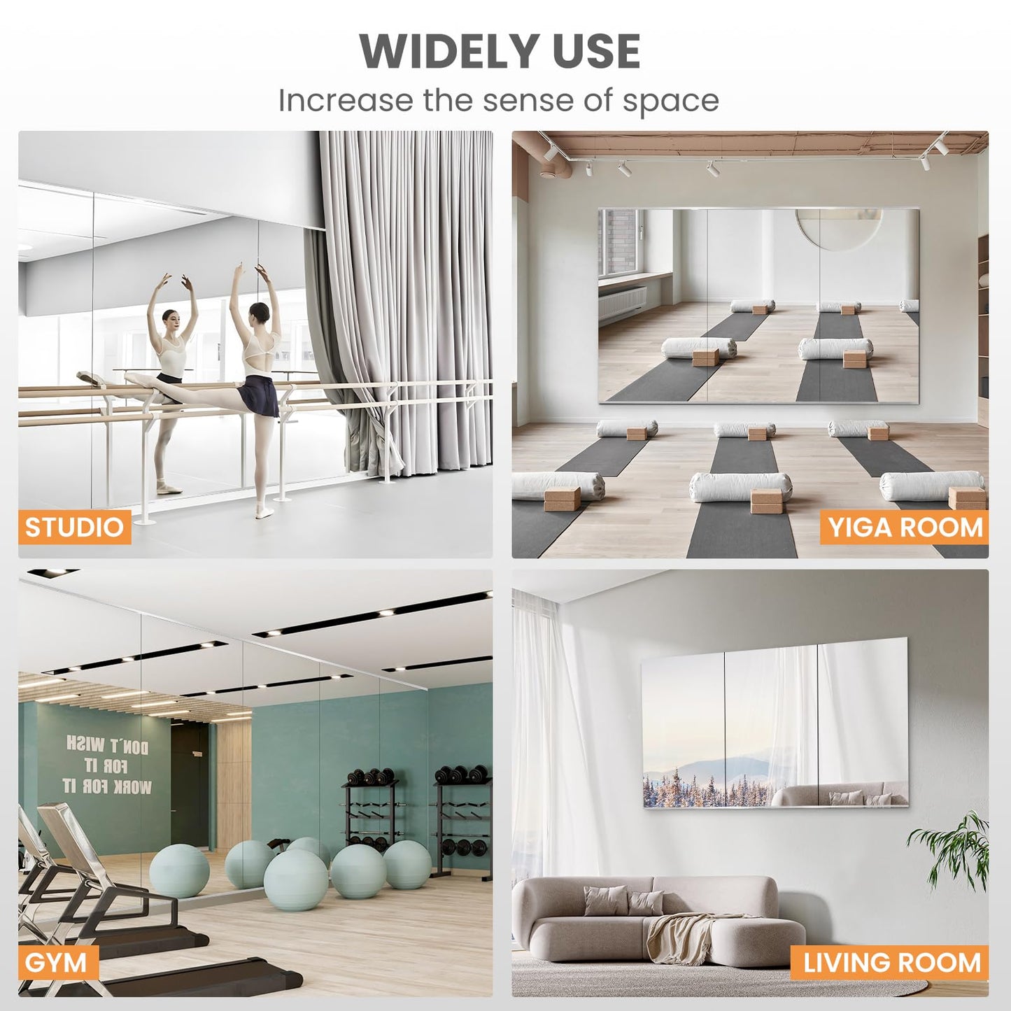 pertetey Home Gym Mirror, 48X24 Inch(Each)-2Pack Large Frameless Tempered Glass Full Body Wall Mounted for Yoga, Exercise, Dance Studio