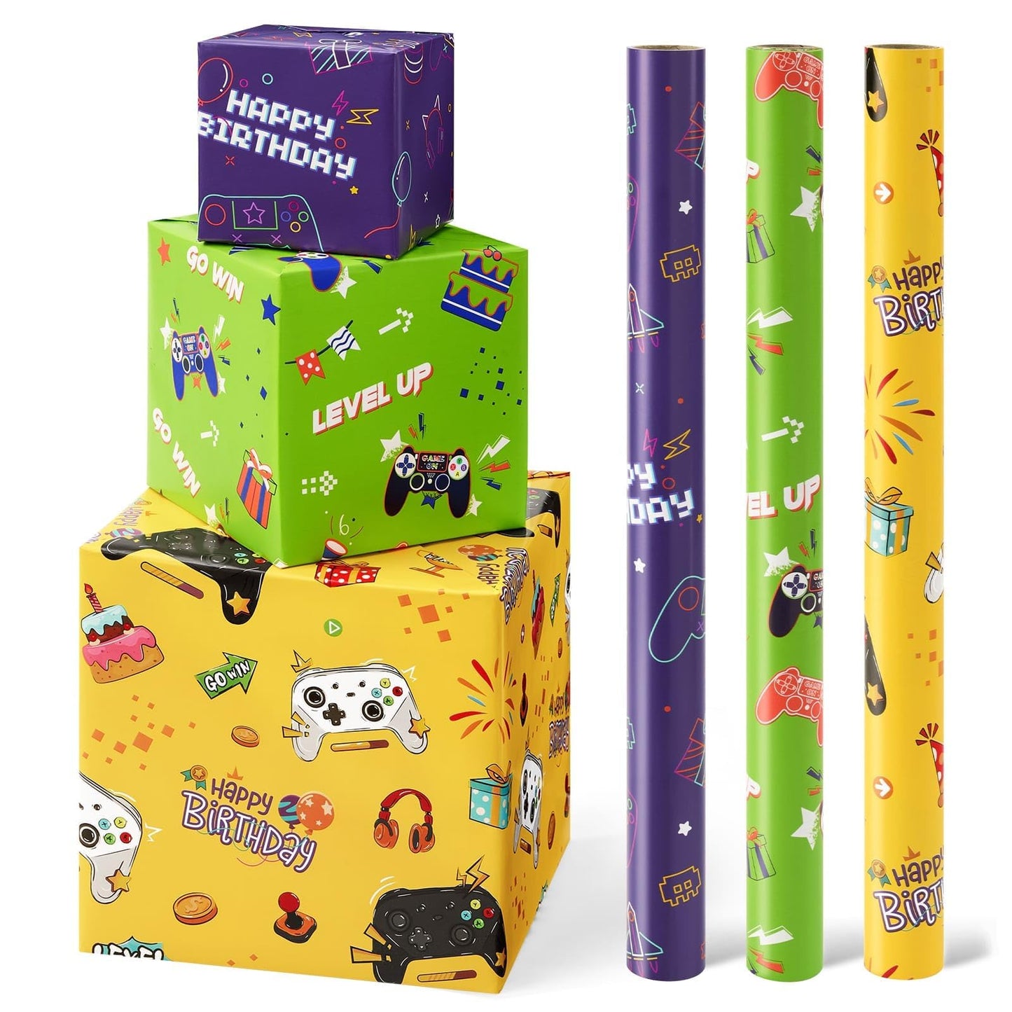 WERNNSAI Gaming Wrapping Paper - 3 Rolls 43 x 305cm Birthday Wrapping Paper Kids Boys Gift Wrap Green Yellow Birthday Wrap Paper with Cutting Lines