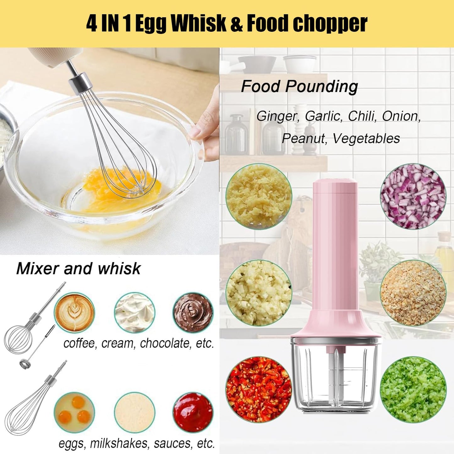 4-in-1 Electric Hand Mixer, Electric Whisk, Mini Onion Chopper 10Oz, Small Cordless Hand Blender, Milk Frother Wand for Coffee, Matcha, 4 Speed Rechargeable Food Processor for Baby Food Maker