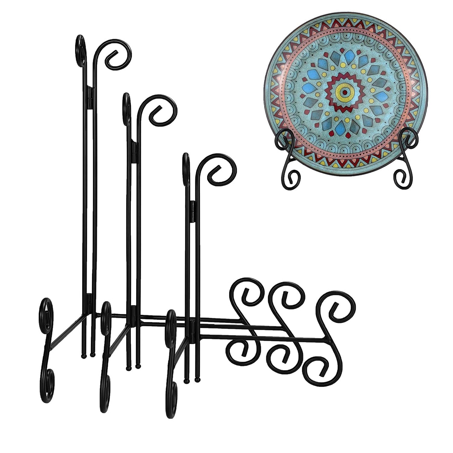 Plate Stand, 3 Pack 6+8+10 Inch Plate Holder for Display, Black Foldable Iron Table Easel for Picture Book Photo Frame Decorative Plate