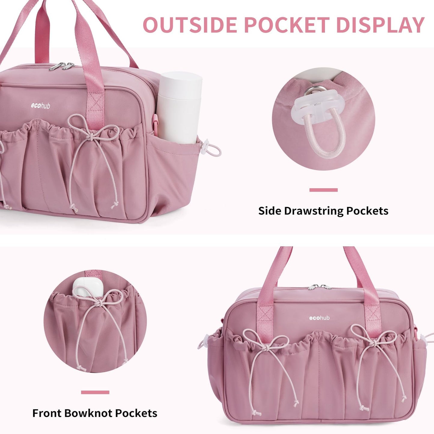 ECOHUB Small Gym Bag for Women, Mini Gym Duffle Bag with Wet Compartment, Bowknot Sports Bag, Cute Gym Tote Bag Dance Yoga Workout Travel Bags Pink