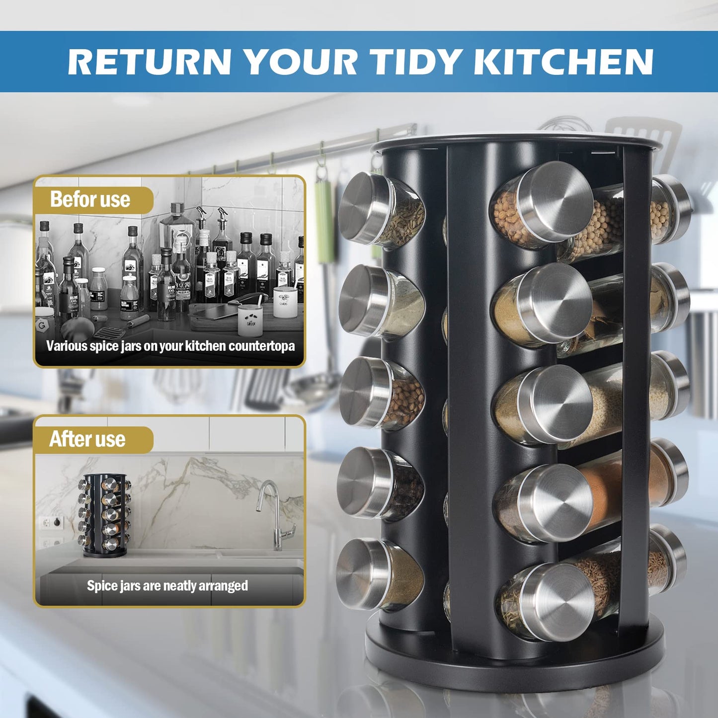 Tianifa Black Countertop Revolving Spice Rack, Empty 20-Jars Rotating Spice Rack Organizer, Round Carousel Tower, 135 Spice Labels with Funnel Complete Set, for Kitchen Countertop, Cabinet