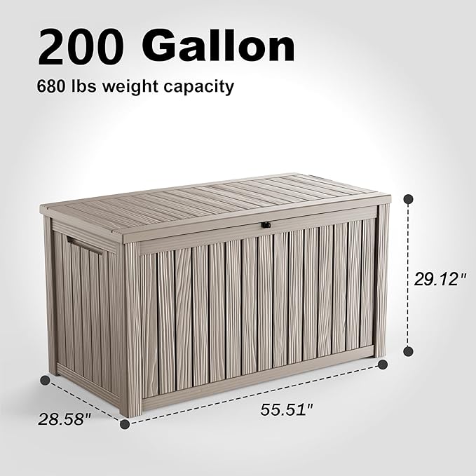 200 Gallon Waterproof Outdoor Storage Box,Resin Deck Box,Lockable Outside Storage Box Container for Patio Furniure,Garden,Tools (200 Gallon,Grey)