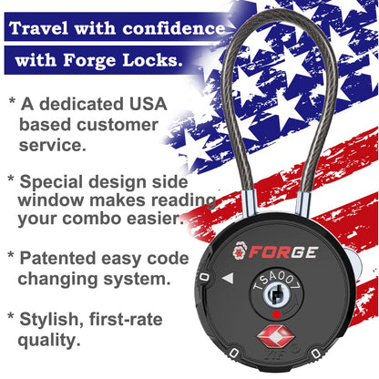 Forge Quality TSA Approved Luggage Locks for Travel Accessories, Suitcase, Pelican case, Ammo Boxes, Set Your own Combination, Zinc Alloy Body-Cable Black 2 Locks
