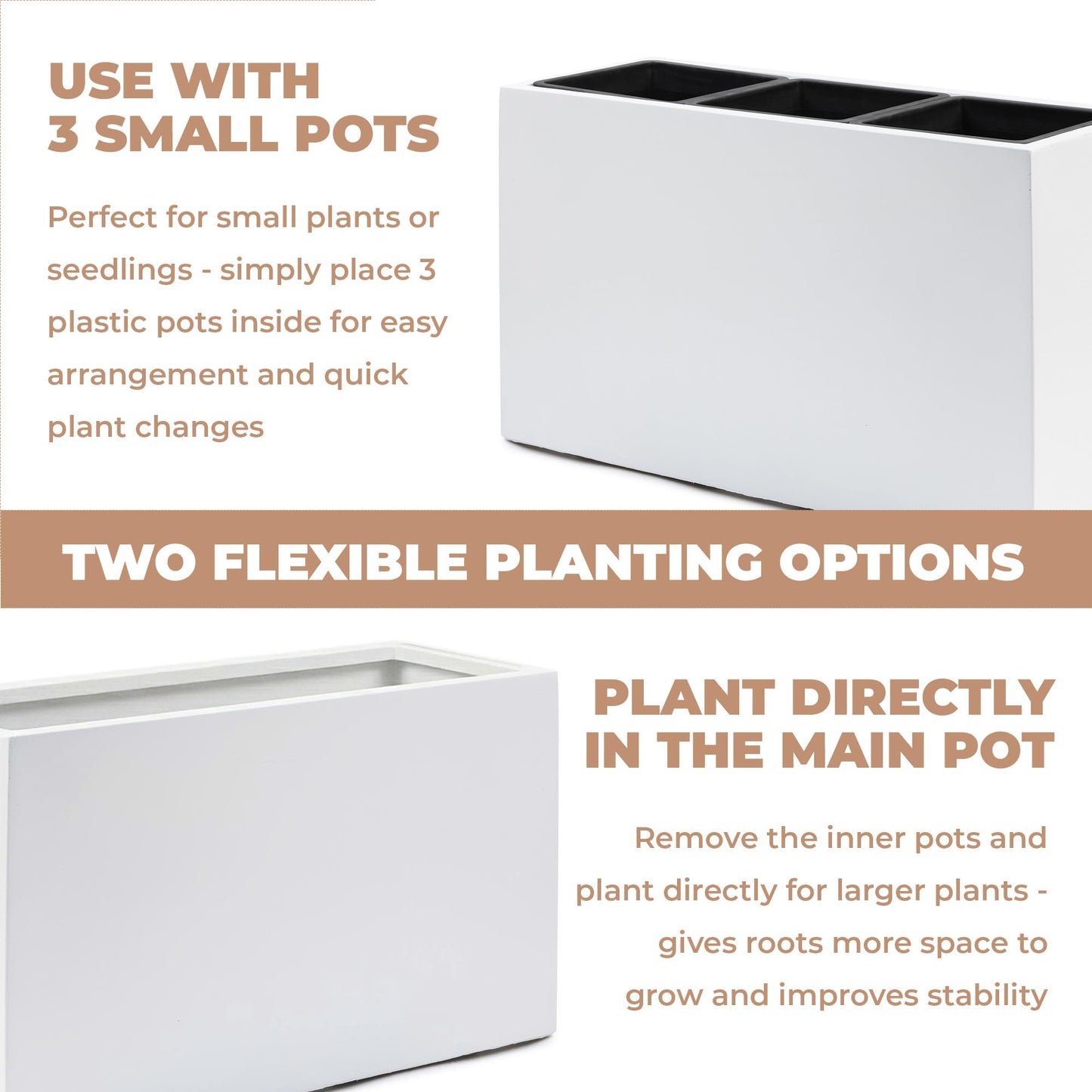 DEPLA LANE Trevano Fiberstone Rectangular Planter (26" L x 9.8" W x 15.7" H) Smooth Finish, Removable Inner Pots, Lightweight, Durable, UV Resistant, Minimalist Indoor Outdoor Plant Pot (M, White)