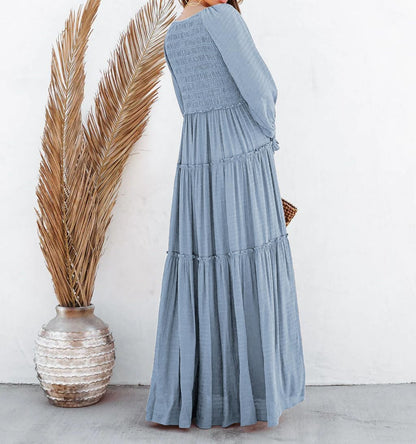 R.Vivimos Maxi Dress for Women Long Sleeve V Neck Empire Waist Layered Ruffle Boho Casual Flowy Long Dresses