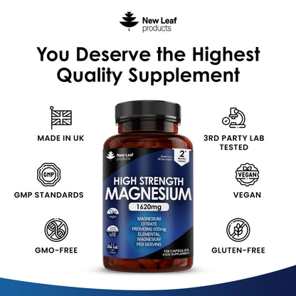 Magnesium Citrate Capsules 1620mg - Super Strength and High Absorption Magnesiums Supplements - with 500mg Elemental Vegan - Not Magnesium Tablets - Muscle & Sleep Support (Two Months Supply)