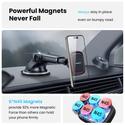 APPS2Car Magnetic Phone Car Mount, Universal Dashboard Windscreen Industrial-Strength Suction Cup Car Phone Mount Holder with Adjustable Telescopic Arm, 6 Strong Magnets for All Cell Phones