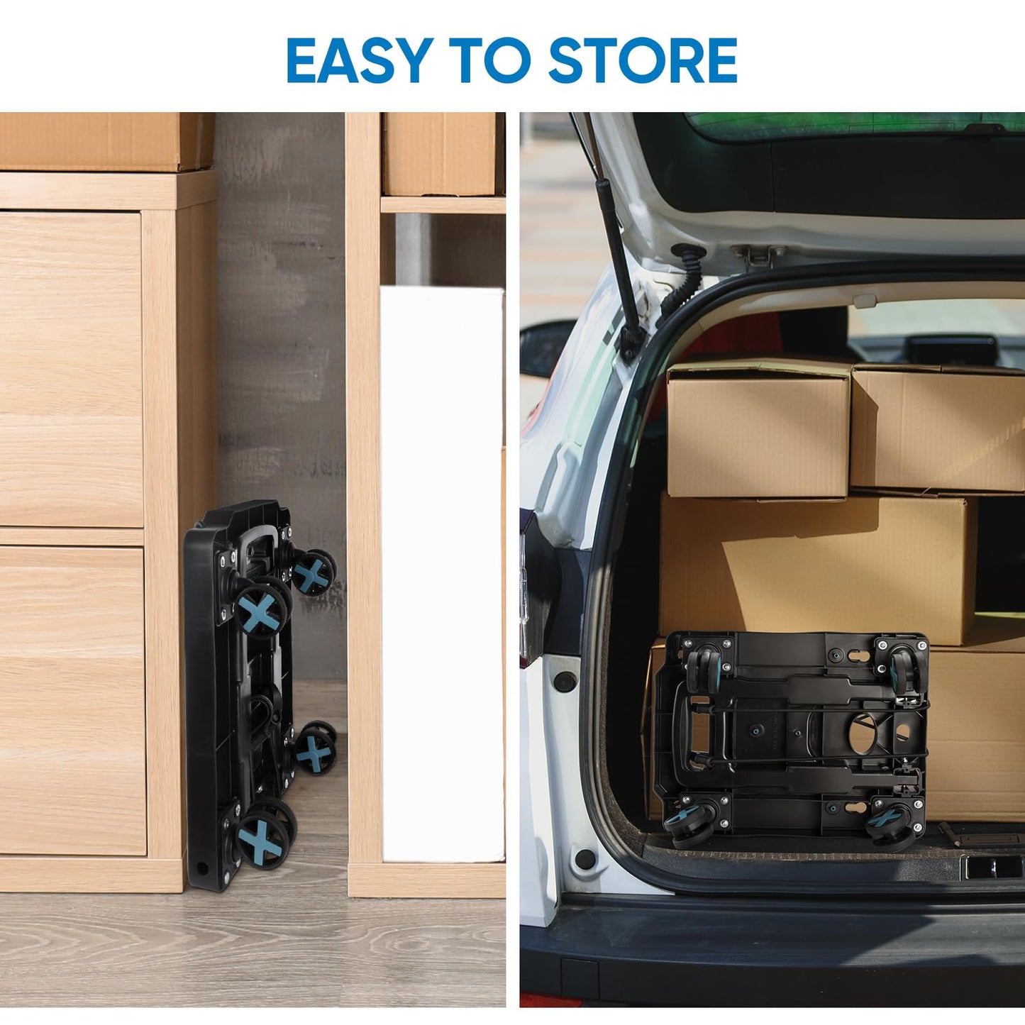 TICONN Folding Portable Dolly Cart, Black, 4-Wheel, 110 lbs Capacity, Adjustable Handle, Silent Wheels