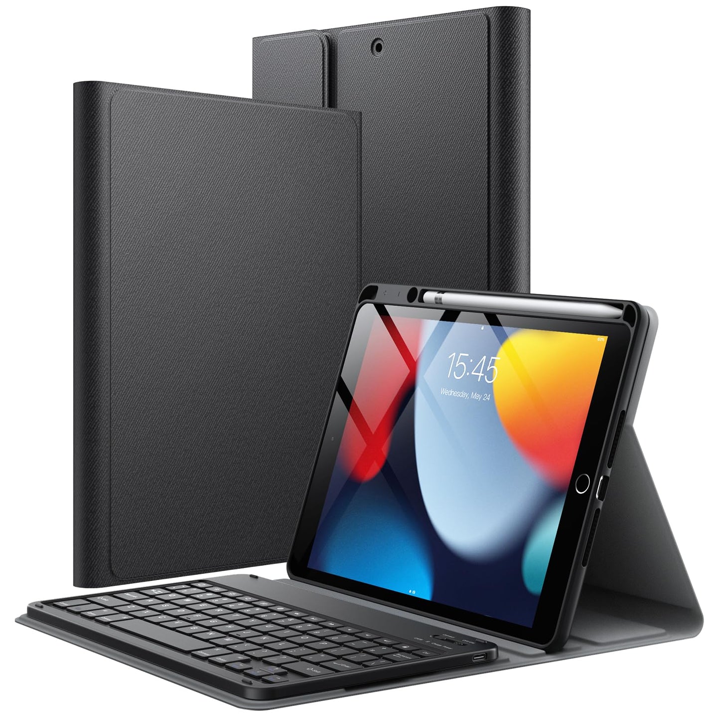 JETech Keyboard Case for iPad 10.2-Inch (2021/2020/2019 Model, 9th/8th/7th Generation) with Pencil Holder, Magnetic Detachable Bluetooth Wireless Keyboard, Soft TPU Back Stand Cover (Black)