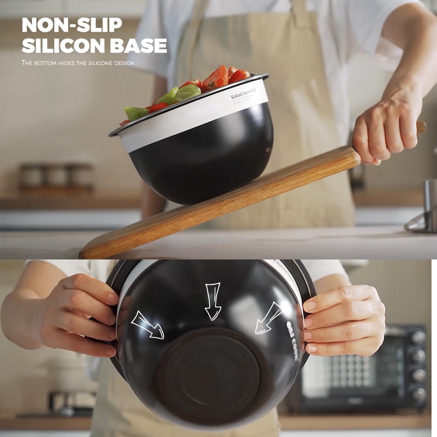 Kaiser chef Salad Bowl Kit 74oz,Salad Container For Lunch,18/8 Stainless Steel,Salad Bowl With Lid, Includes 1.7oz Condiment Container and Removable Tray,Leak-Proof, Easy to Clean (Wood)