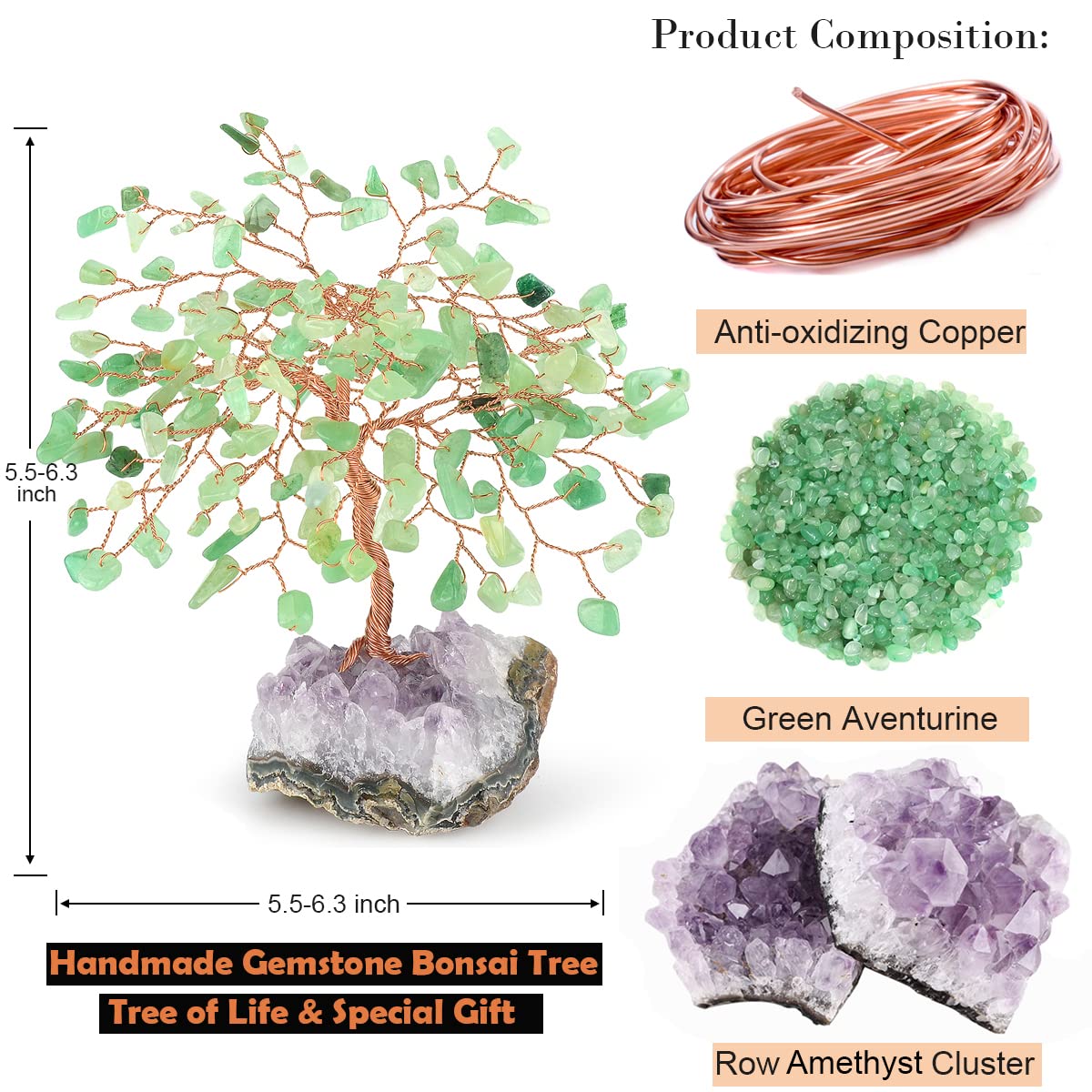 MASGEMES Gemstone Crystal Tree of Life,Natural Green Aventurine with Amethyst Cluster Base,Feng Shui Gift Bonsai Money Tree,Home Decor for Luck and Wealth 5.5"-6.3"