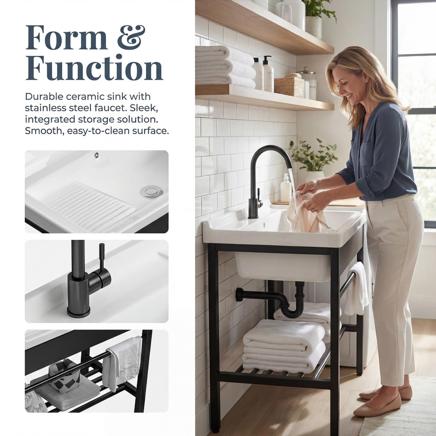 Freestanding Laundry Utility Sink, 28.3" x 19" x 32.3" Ceramic Utility Sink with Washboard Set with Bracket and Drain Kit for Laundry Room, Utility Room, Garage, Basement, Outdoor and Indoor