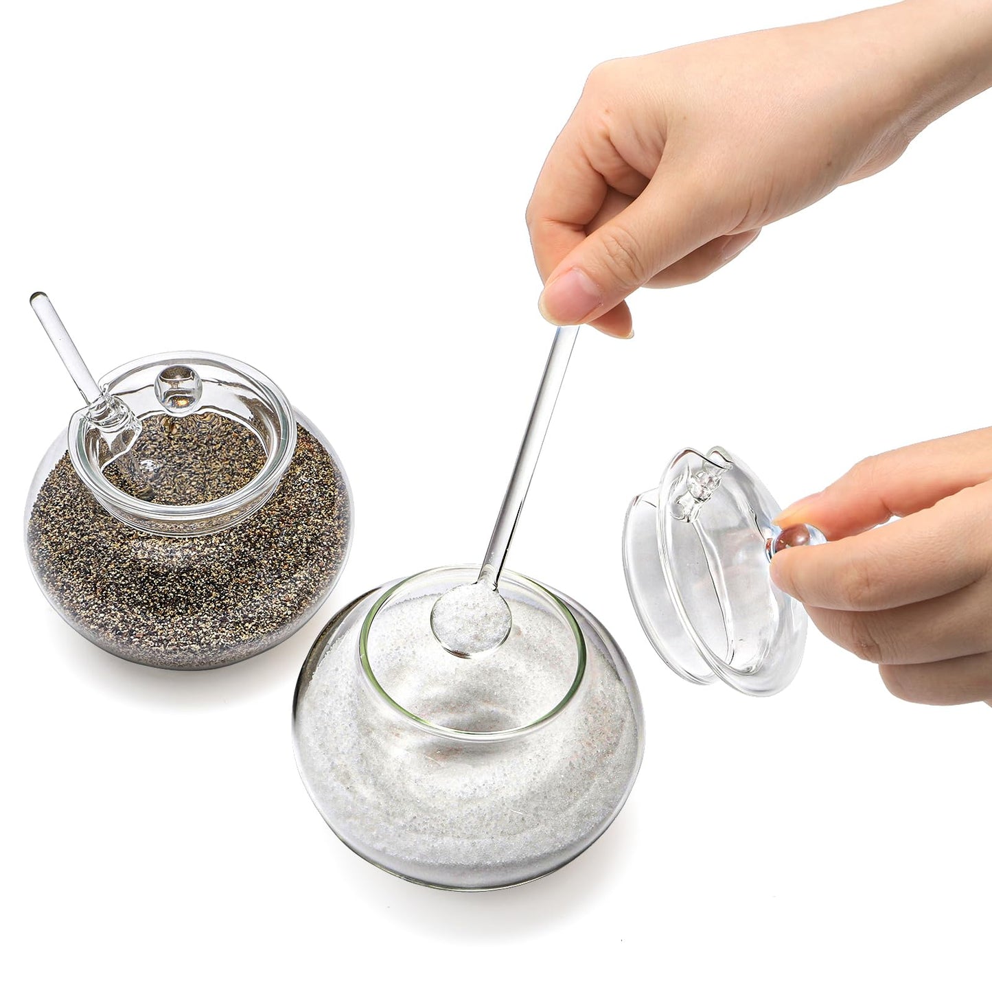 Frcctre Set of 2 Glass Sugar Bowl with Spoon and Lid, 11 Ounces Small Clear Salt Spice Pepper Seasoning Jar Condiment Container for Home Kitchen Coffee Bar